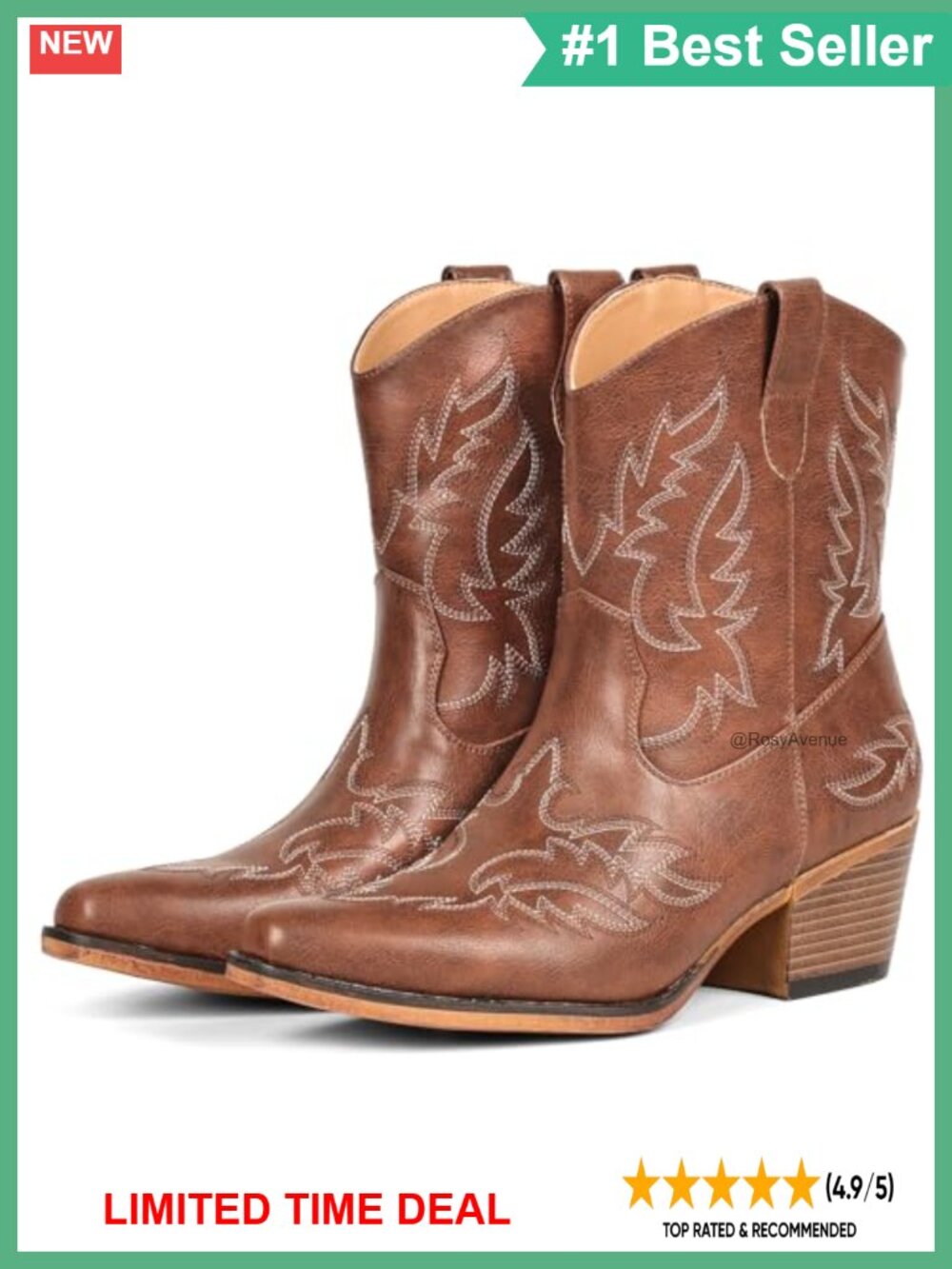 Western Ankle Boots Faux Leather Pointed Toe Block Heel Embroidered